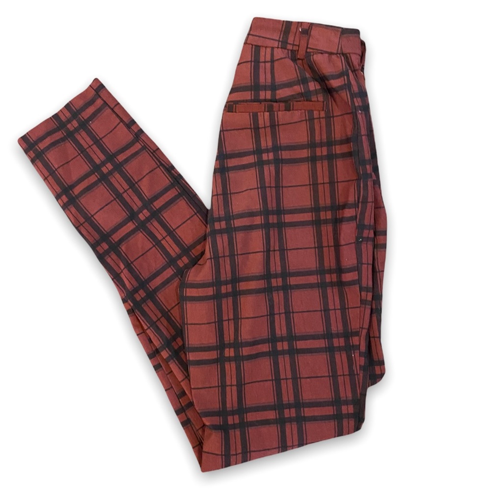 Red plaid skinny pants high waisted